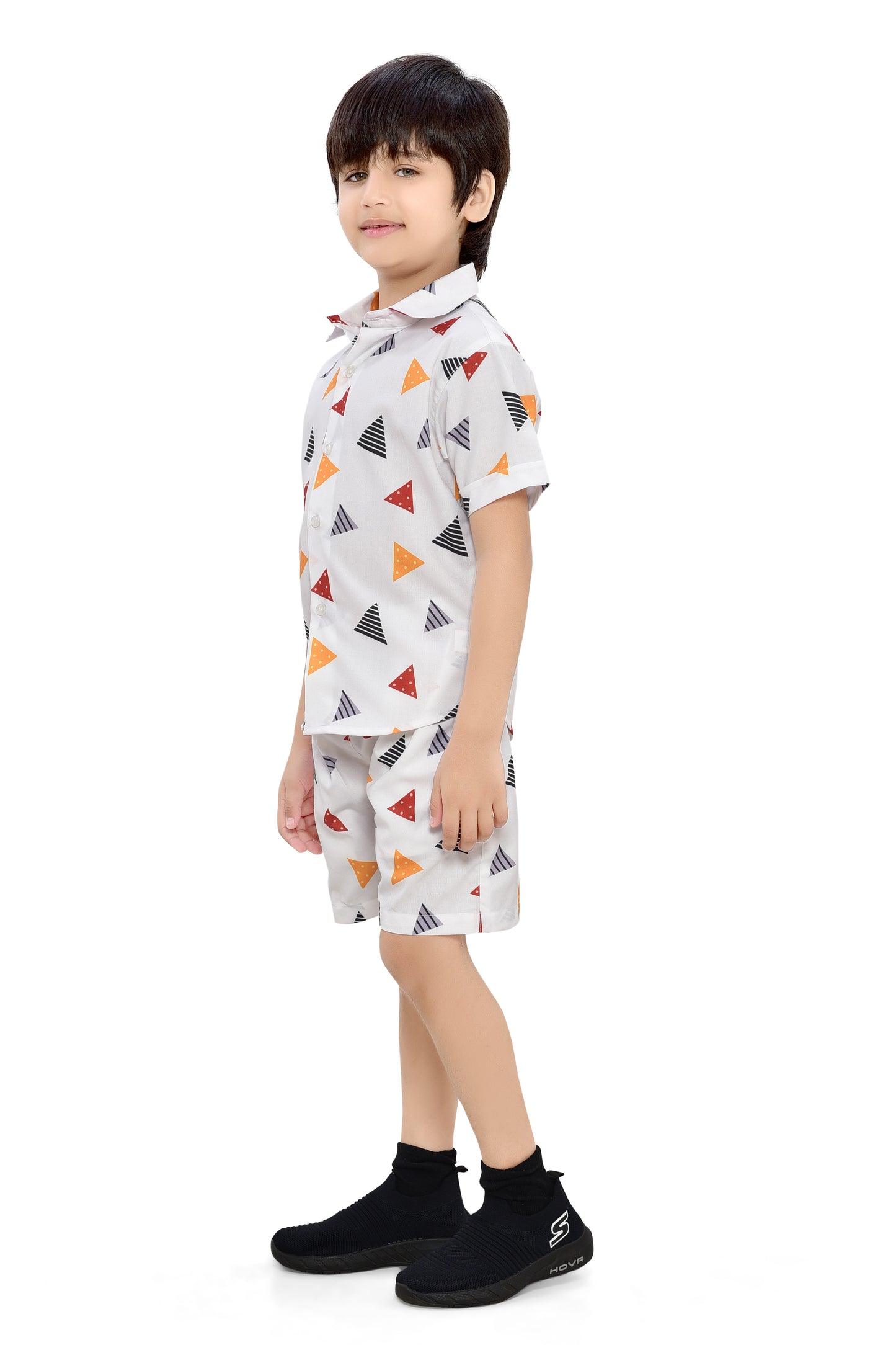 Triangle Pirnted White Summer Co-Ord Set for Boys - Front