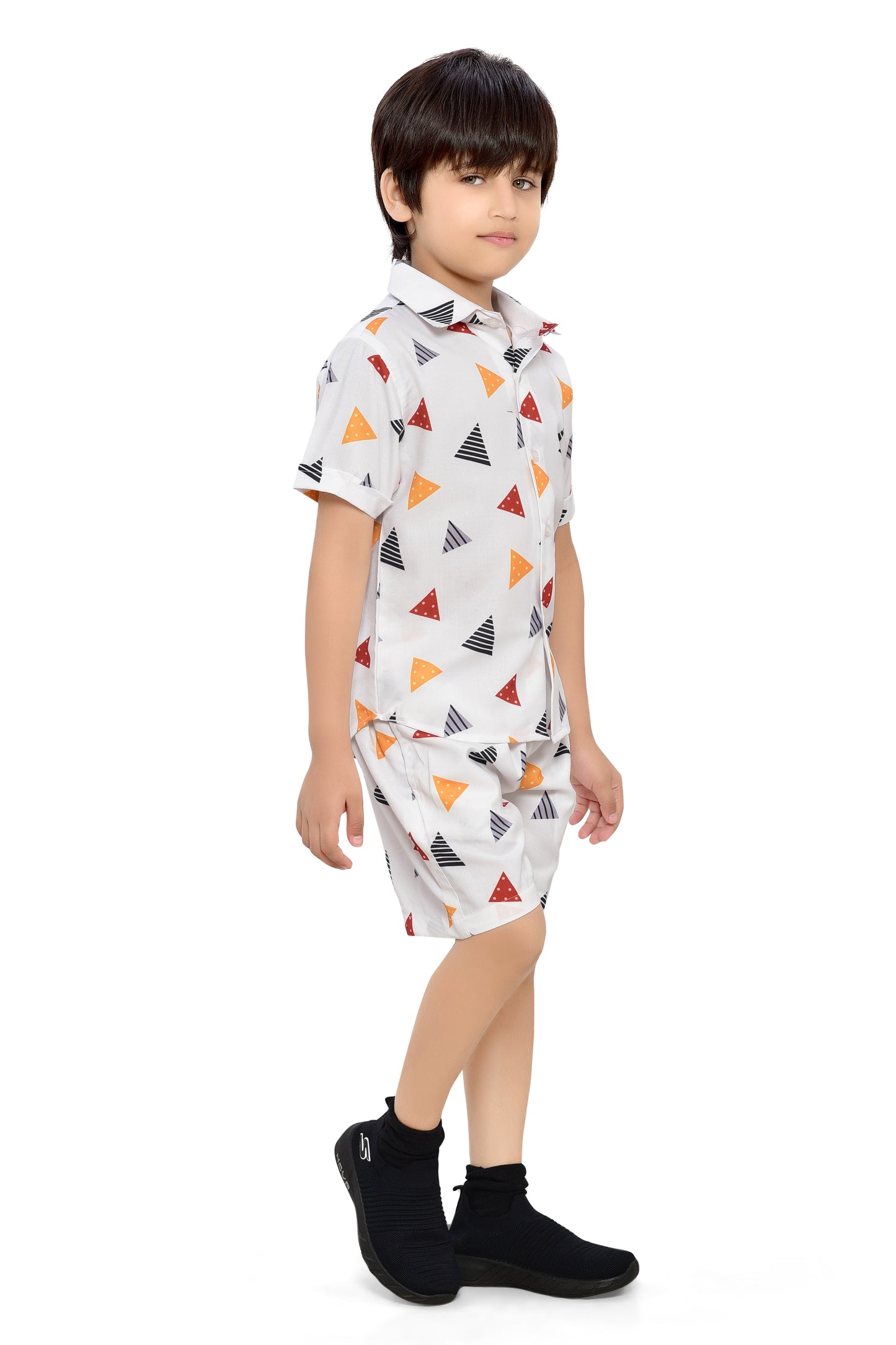 Triangle Pirnted White Summer Co-Ord Set for Boys - Stylist