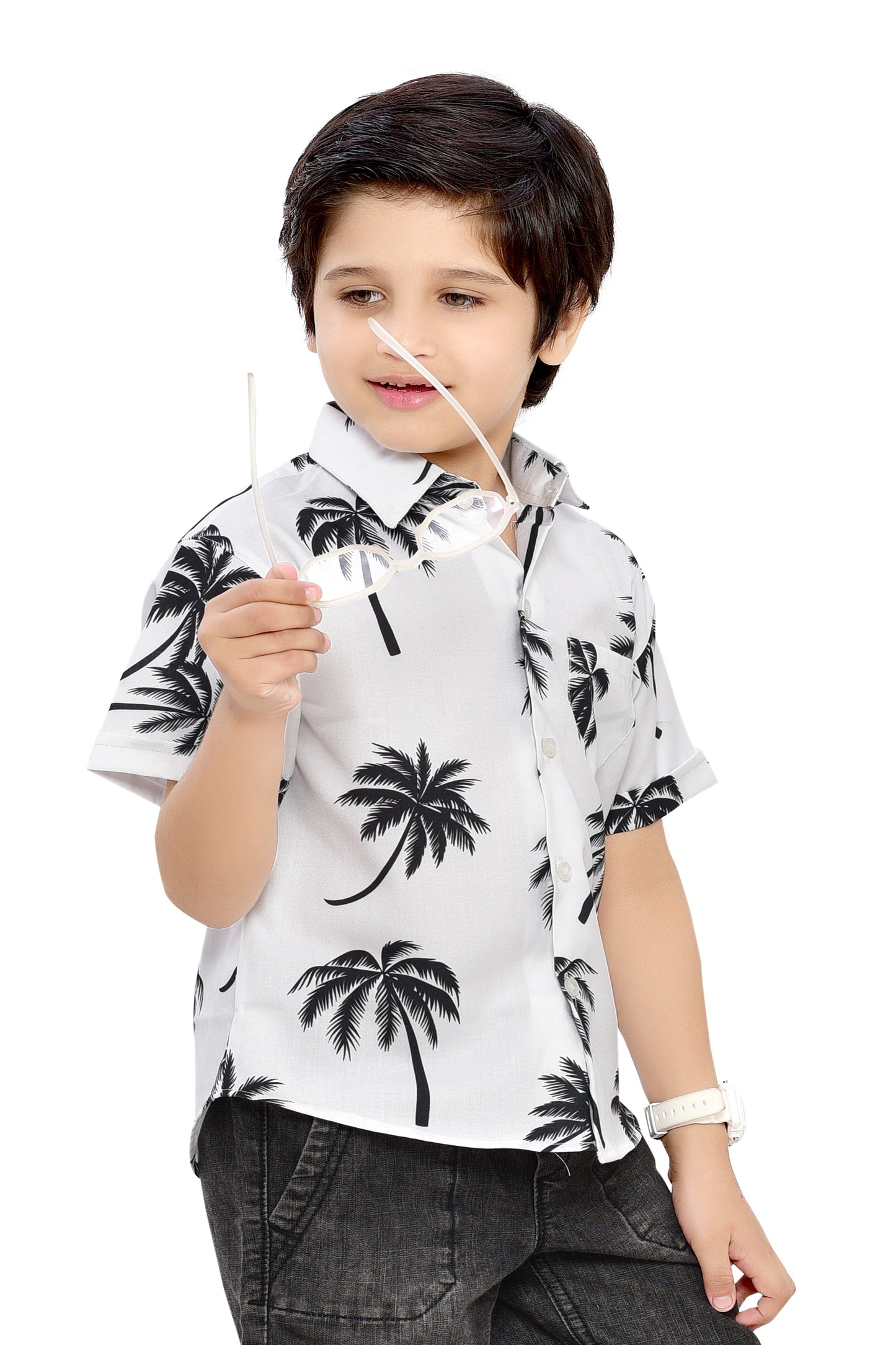 Tropical Coconut Printed White Cotton Half Sleeve Shirt - Front