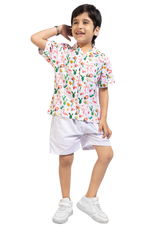 Tropical Flamingo Printed Cotton Shirt with White Shorts - Front