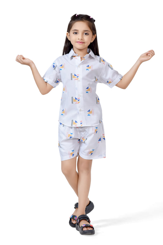 Vacation Vibes Printed White Cotton Shorts Co-Ord Set - Front