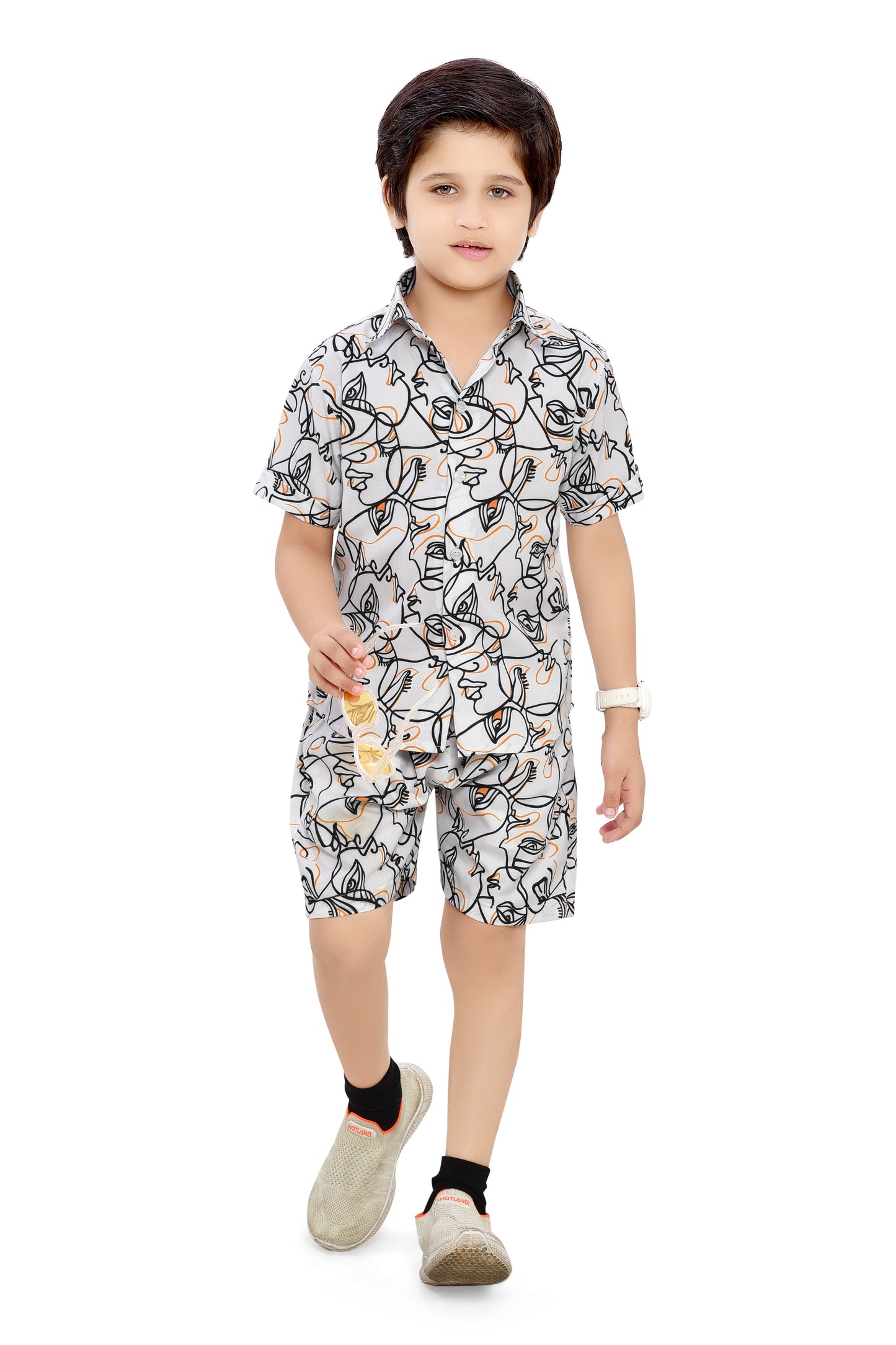 White Abstract Figure Printed Boys Cotton Co-Ord Set - Club96