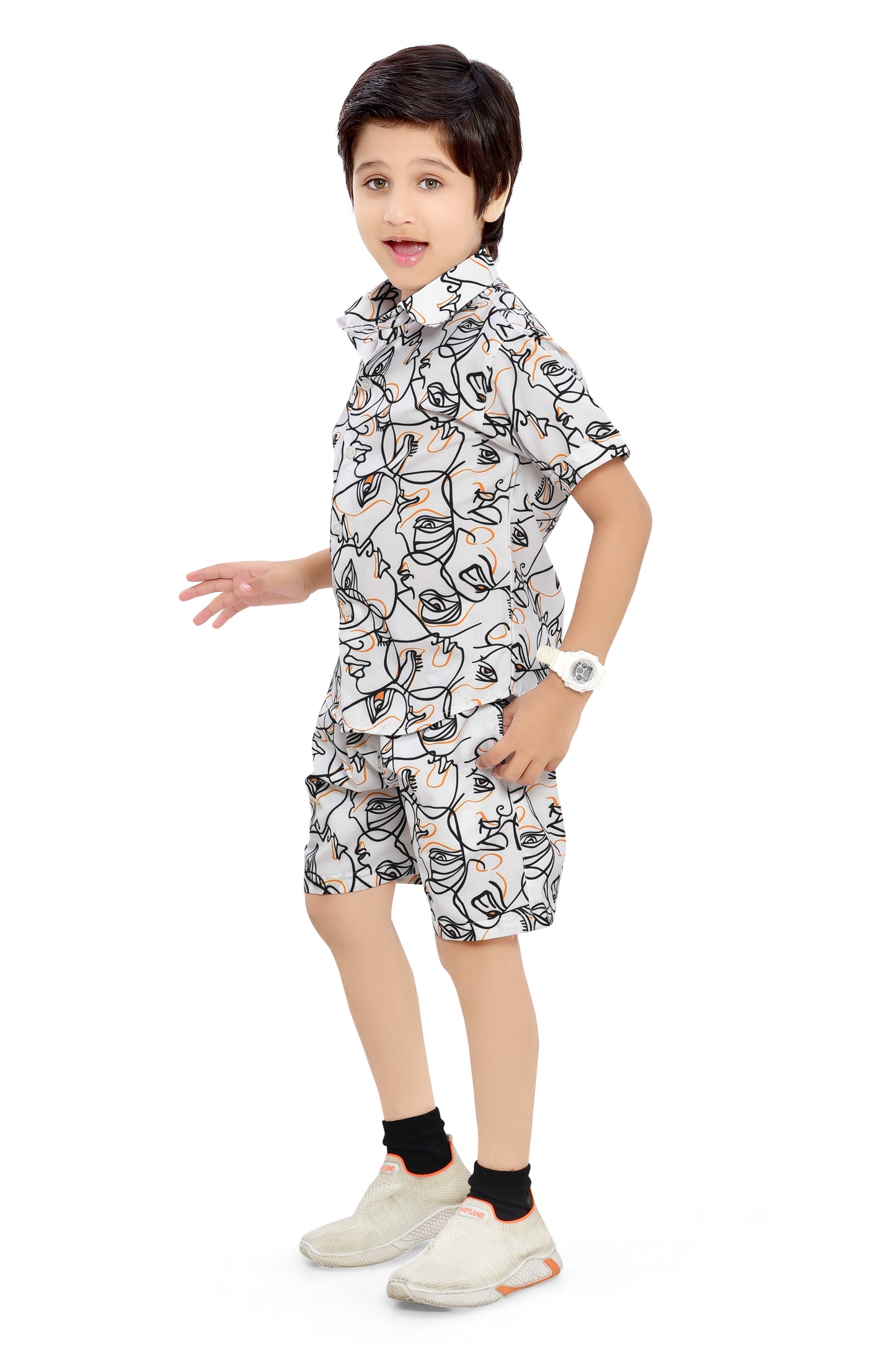 White Abstract Figure Printed Boys Cotton Co-Ord Set - Front