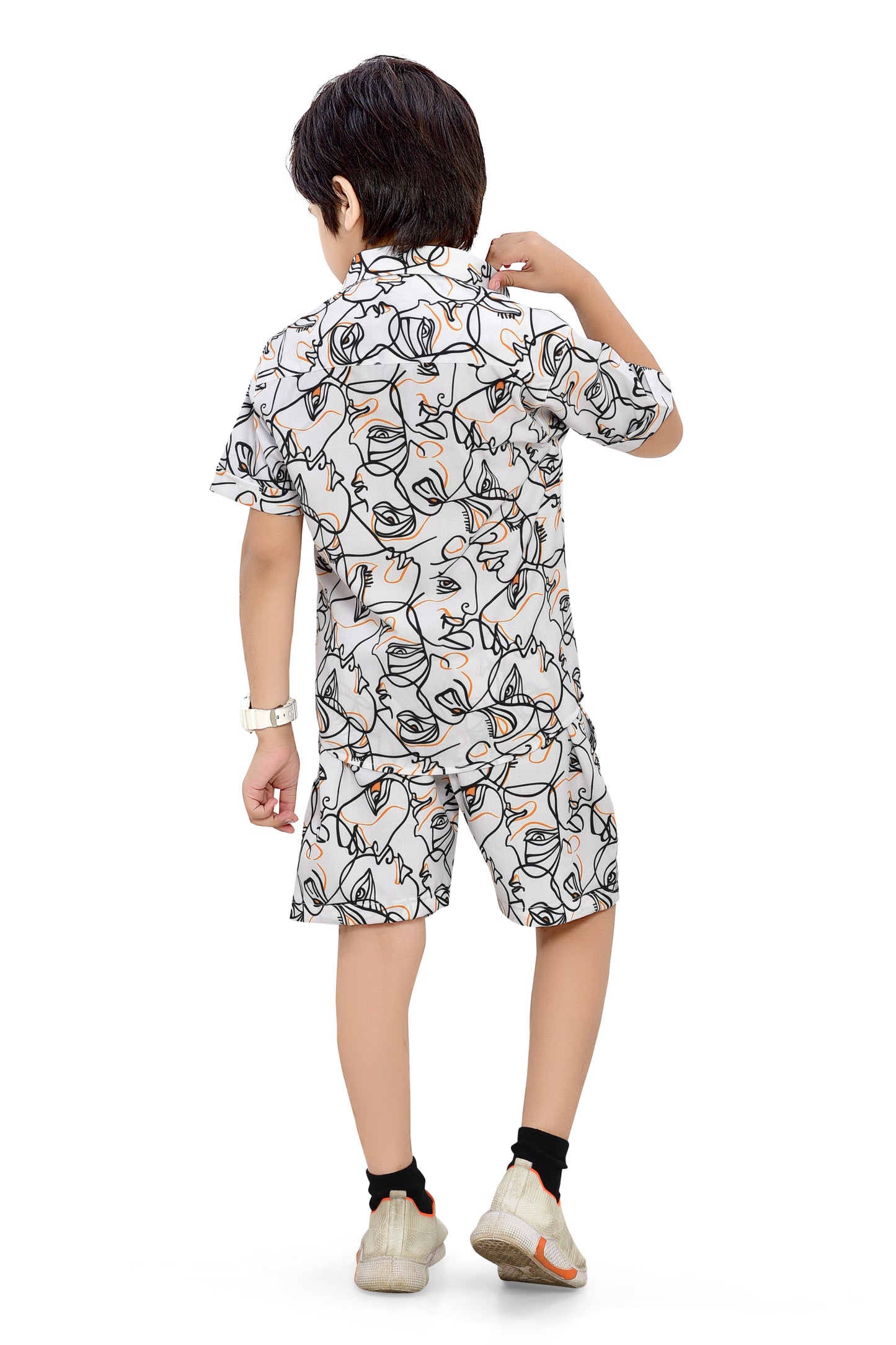 White Abstract Figure Printed Boys Cotton Co-Ord Set - Back