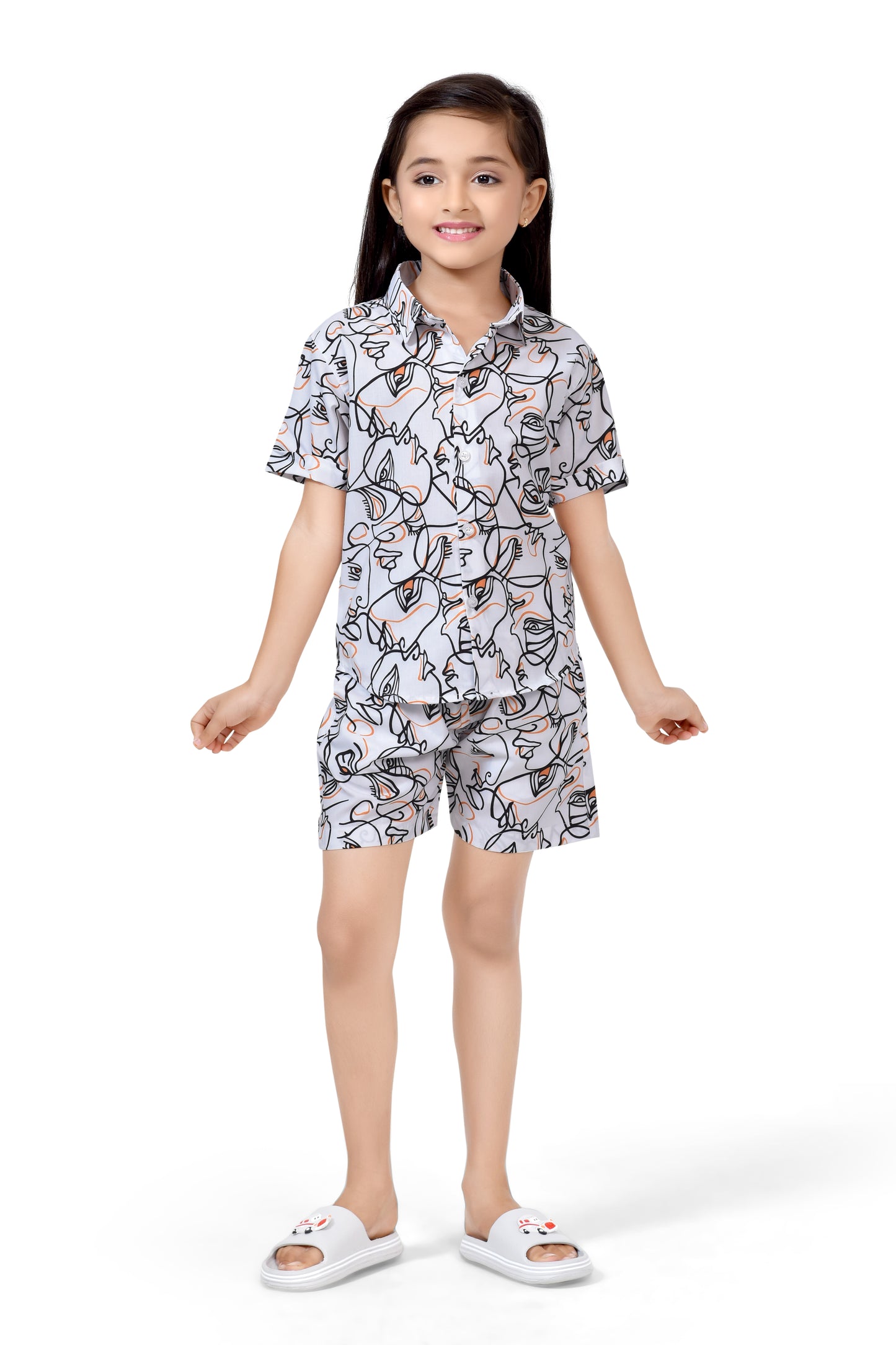 White Abstract Figure Printed Cotton Co-Ord Set for Girls - Club96