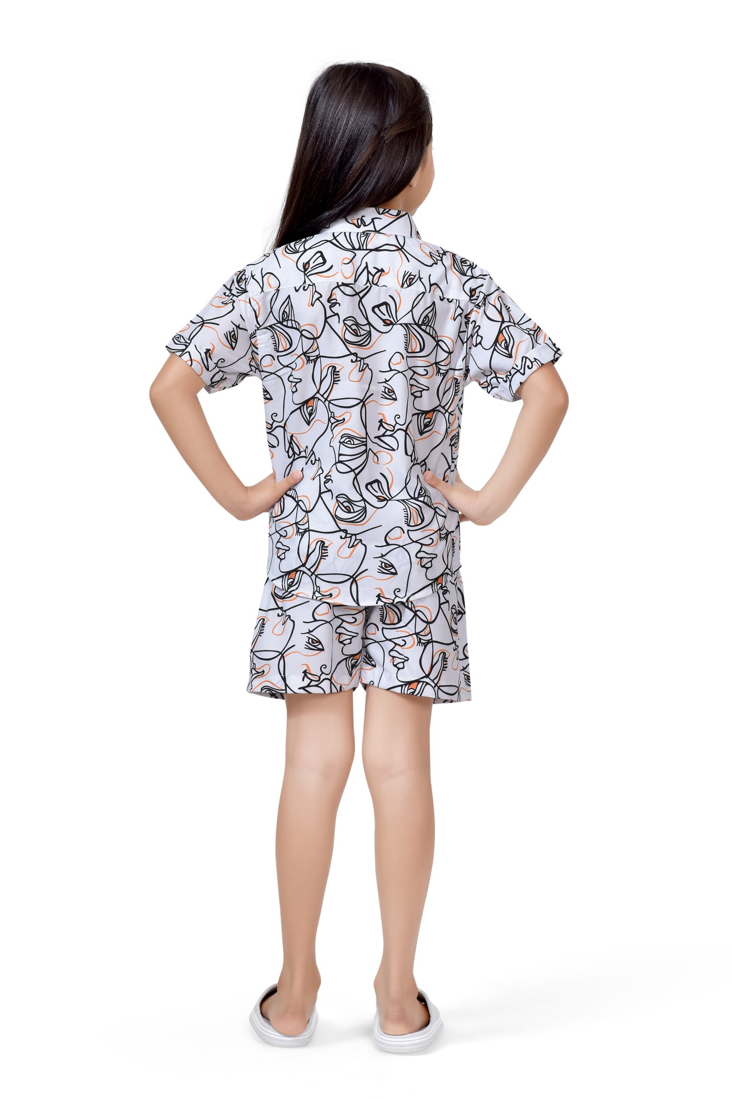 White Abstract Figure Printed Cotton Co-Ord Set for Girls - Back