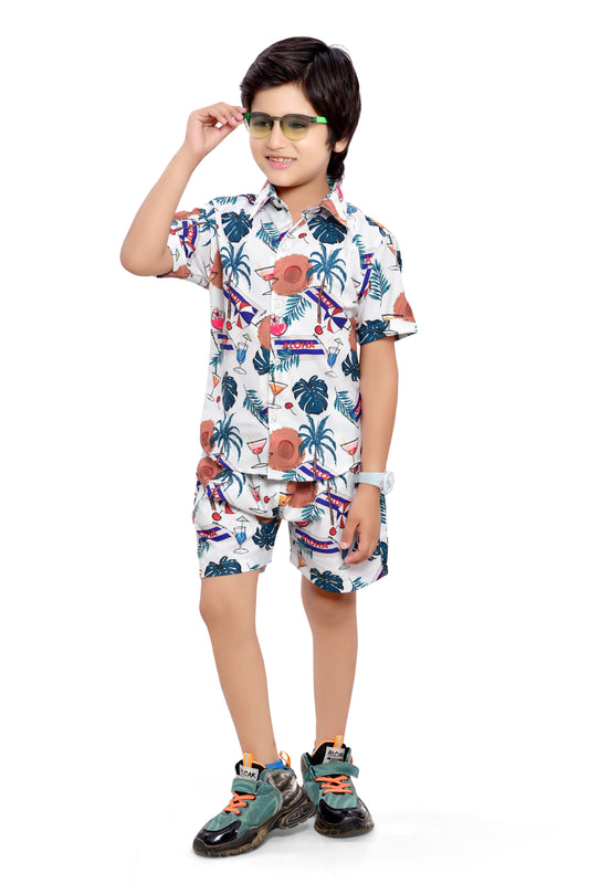 White Beach Vibes Cotton Printed Boys Shorts Co-Ord Set - Club96