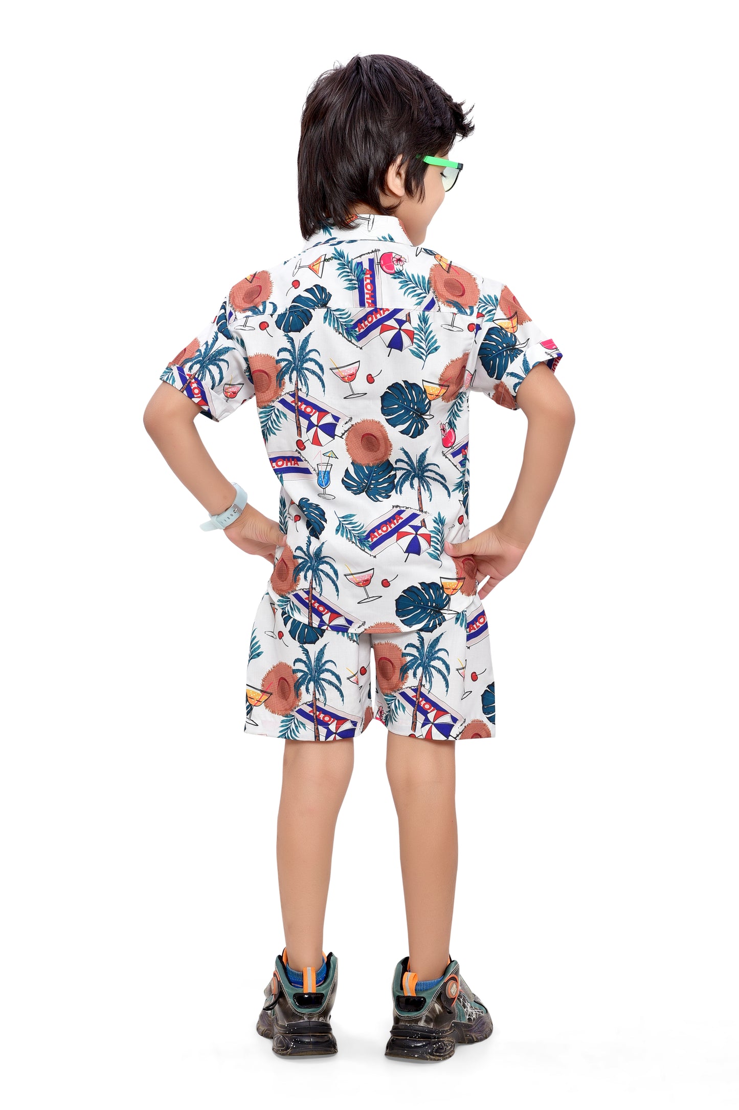 White Beach Vibes Cotton Printed Boys Shorts Co-Ord Set - Back