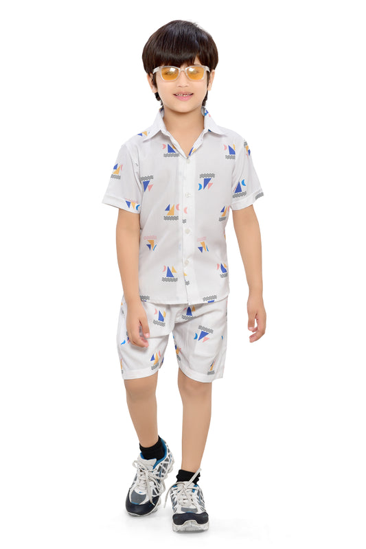 White Beach Weaves Printed Boys Cotton Co-Ord Set - Club96