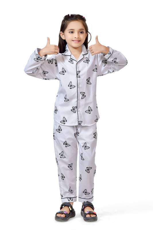 White Butterfly Printed Girls Cotton Pajama Nightwear - Club96