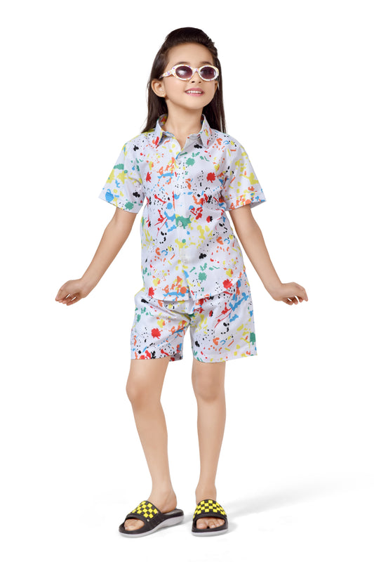 White Color Splash Cotton Co-Ord Set for Girls - Club96