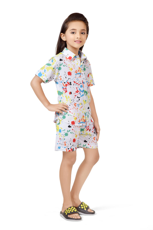 White Color Splash Cotton Co-Ord Set for Girls - Front