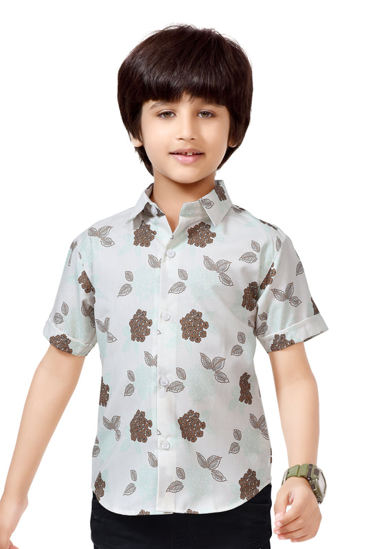White Floral Printed Pure Cotton Half Shirt For Boys – Front