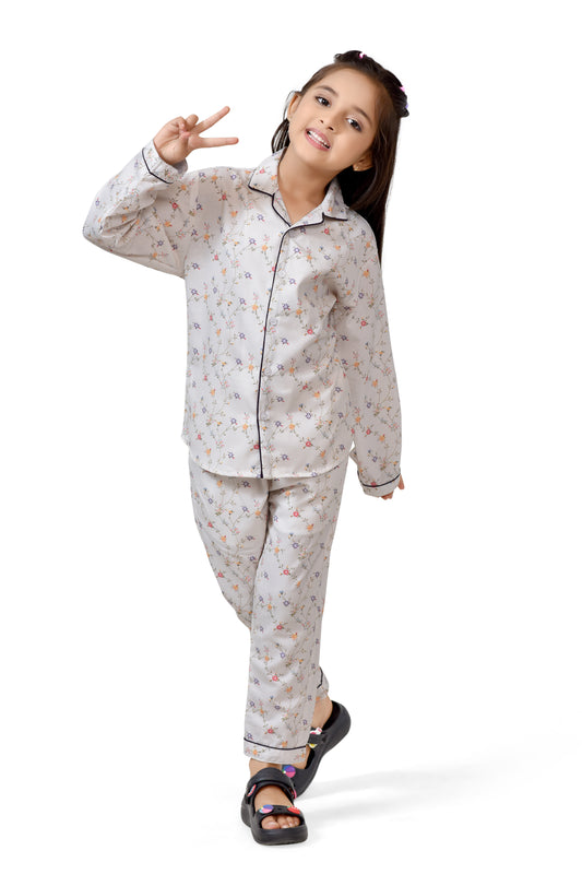 White Multicolour Floral Print Girls Cotton Night Suit - Front View 2 | CLUB96