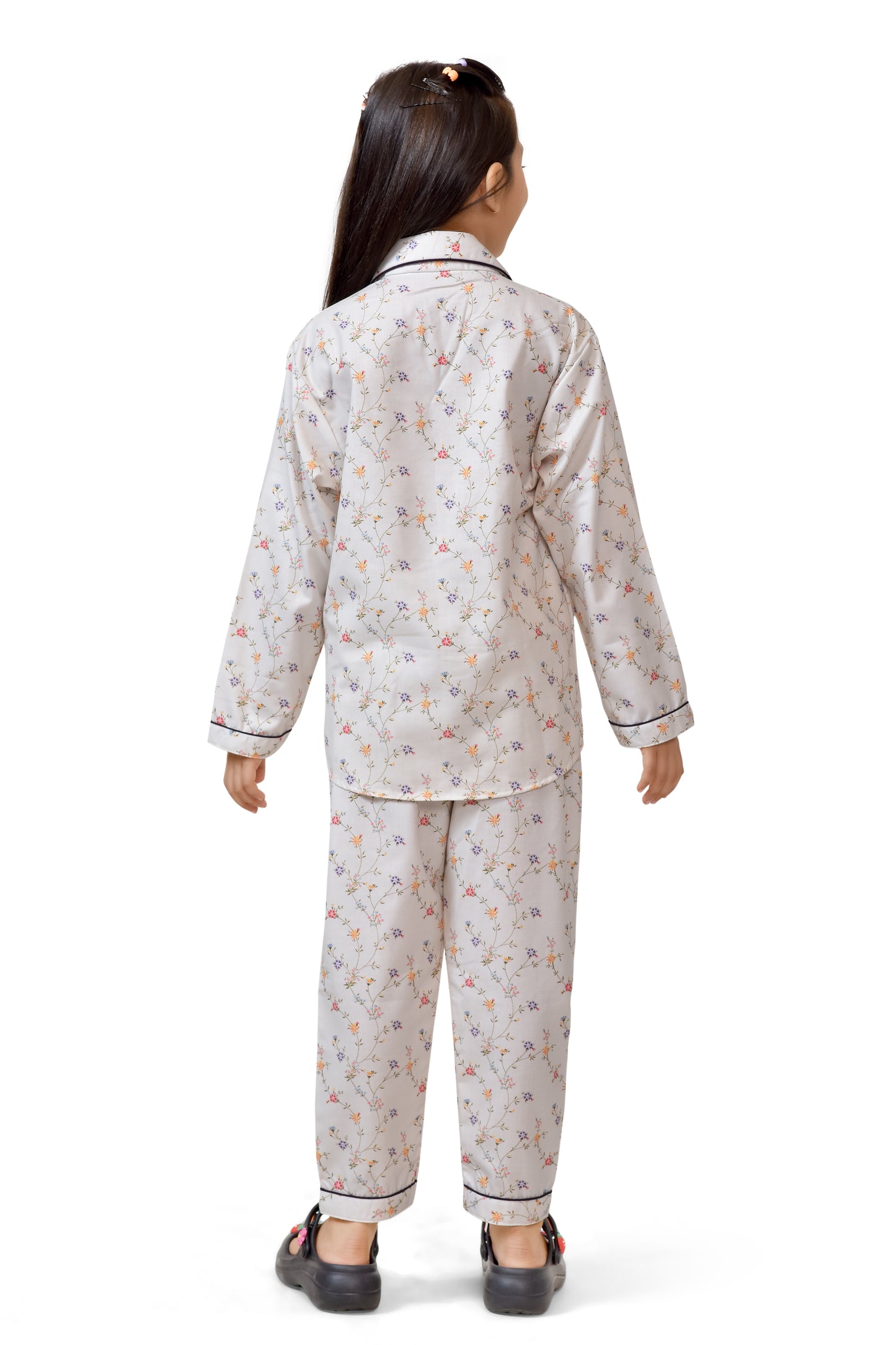 White Flower Printed Girls Nightsuit Set - Back
