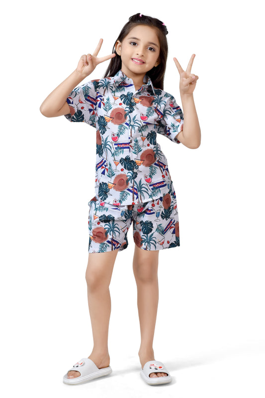 White Girls Beach Vibes Printed Cotton Shots Co-Ord Set - Club96