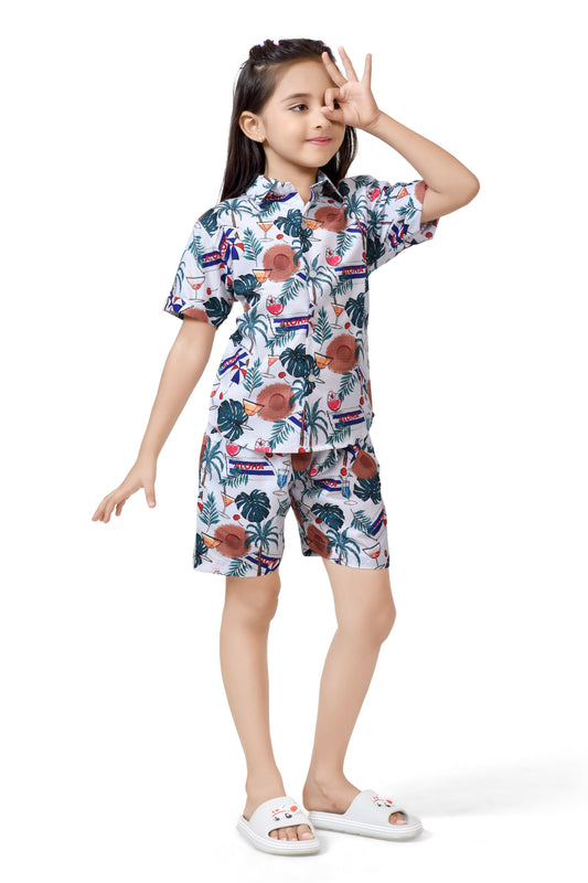 White Girls Beach Vibes Printed Cotton Shots Co-Ord Set - Front