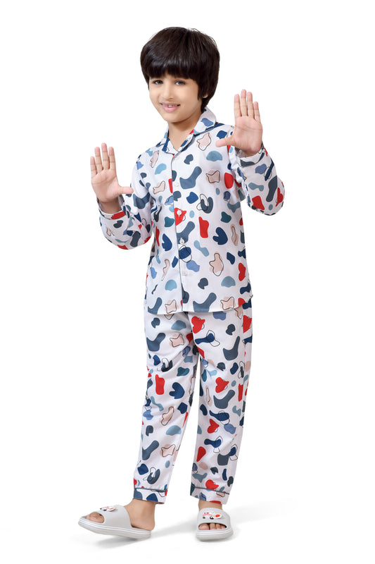 White Paint Splash Printed Fullsleeve Nightsuit - Club96.in