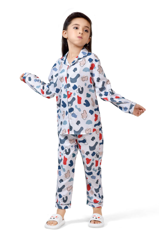 White Paint Splash Printed Girls Nightsuit Set - Club96.in
