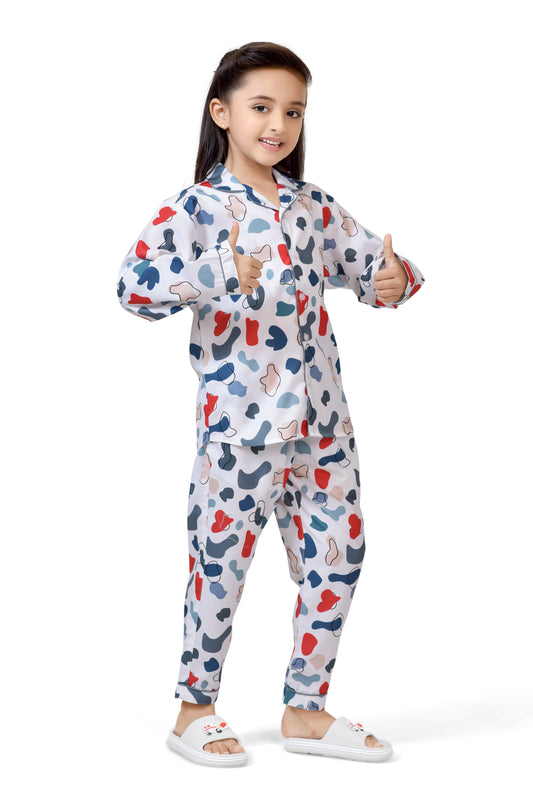 White Paint Splash Print Girls Cotton Night Suit - Front View 2 | CLUB96