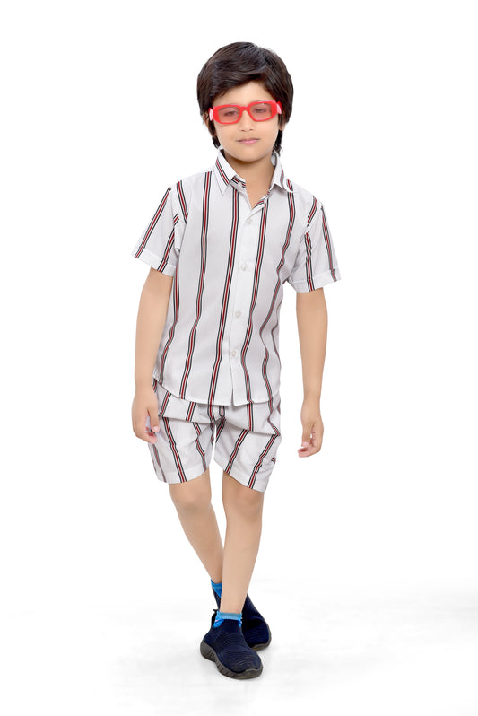 White Striped Printed Cotton Shorts Co-Ord Set for Boys - Club96