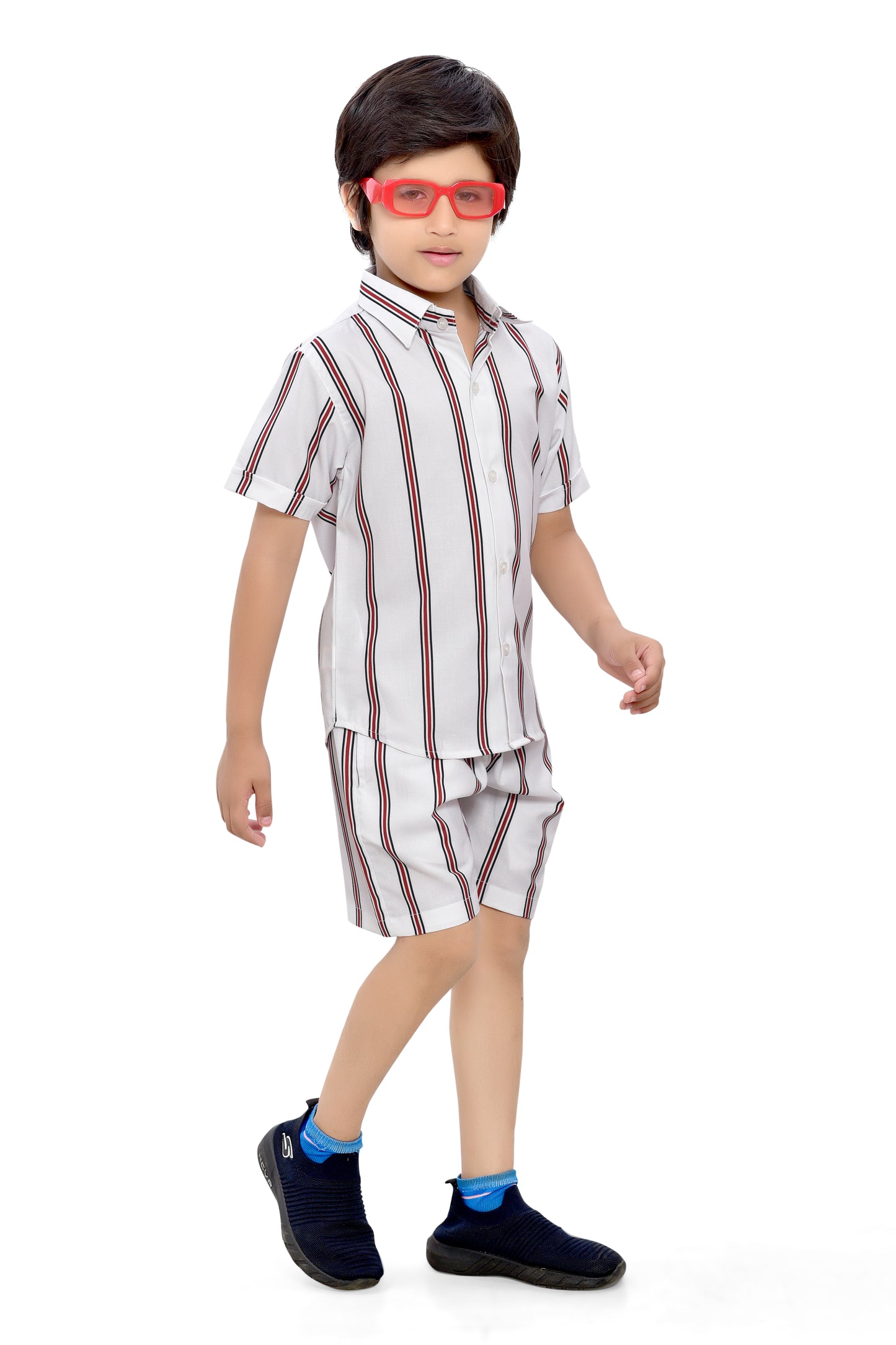 White Striped Printed Cotton Shorts Co-Ord Set for Boys - Stylist