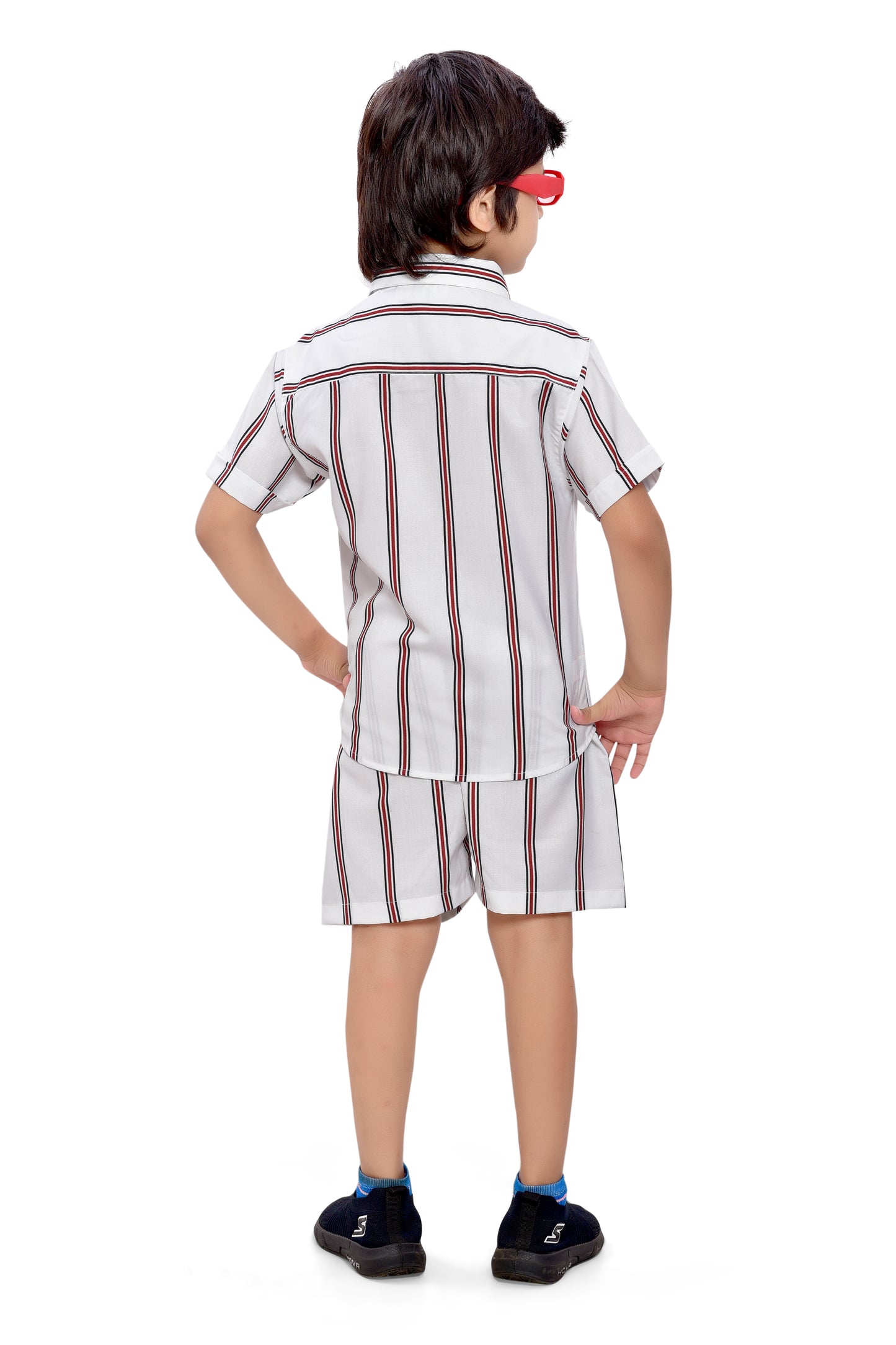 White Striped Printed Cotton Shorts Co-Ord Set for Boys - Back