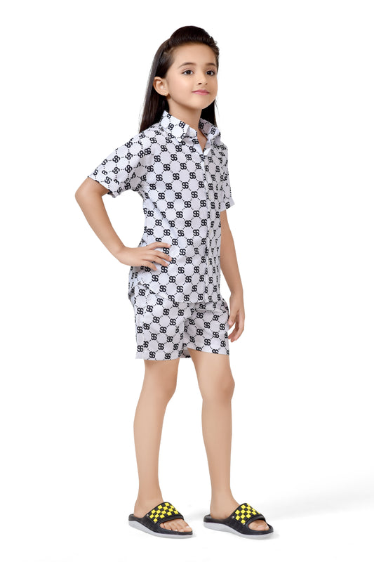 White Text Printed Girls Summer Cotton Co-Ord Set - Front