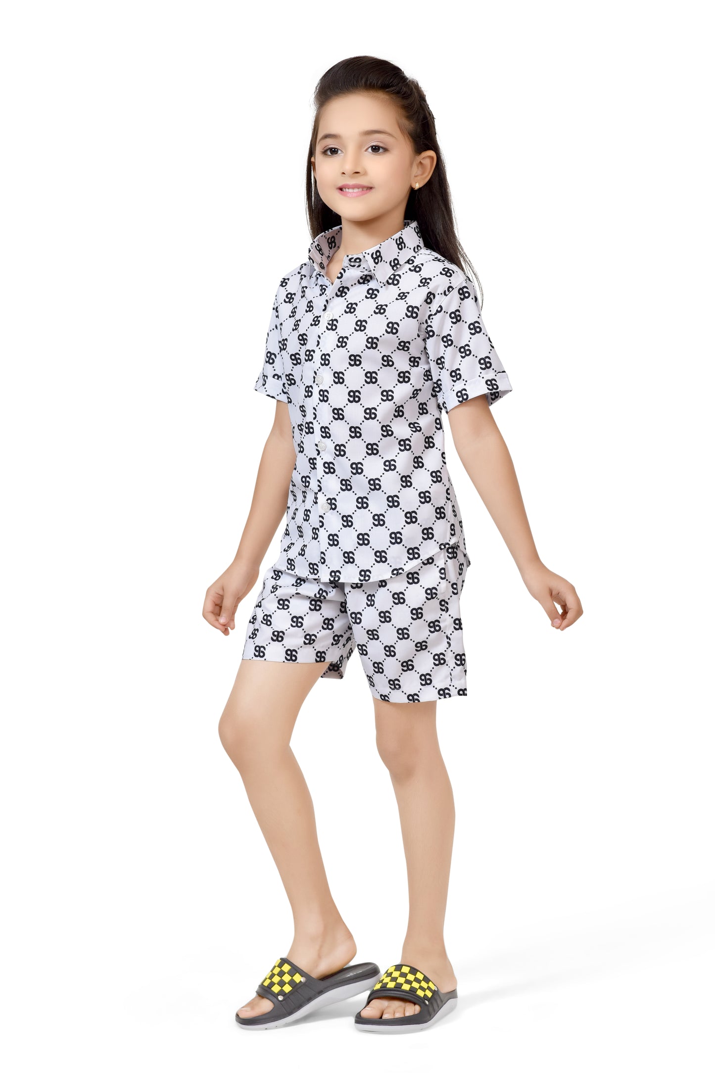 White Text Printed Girls Summer Cotton Co-Ord Set - Stylist