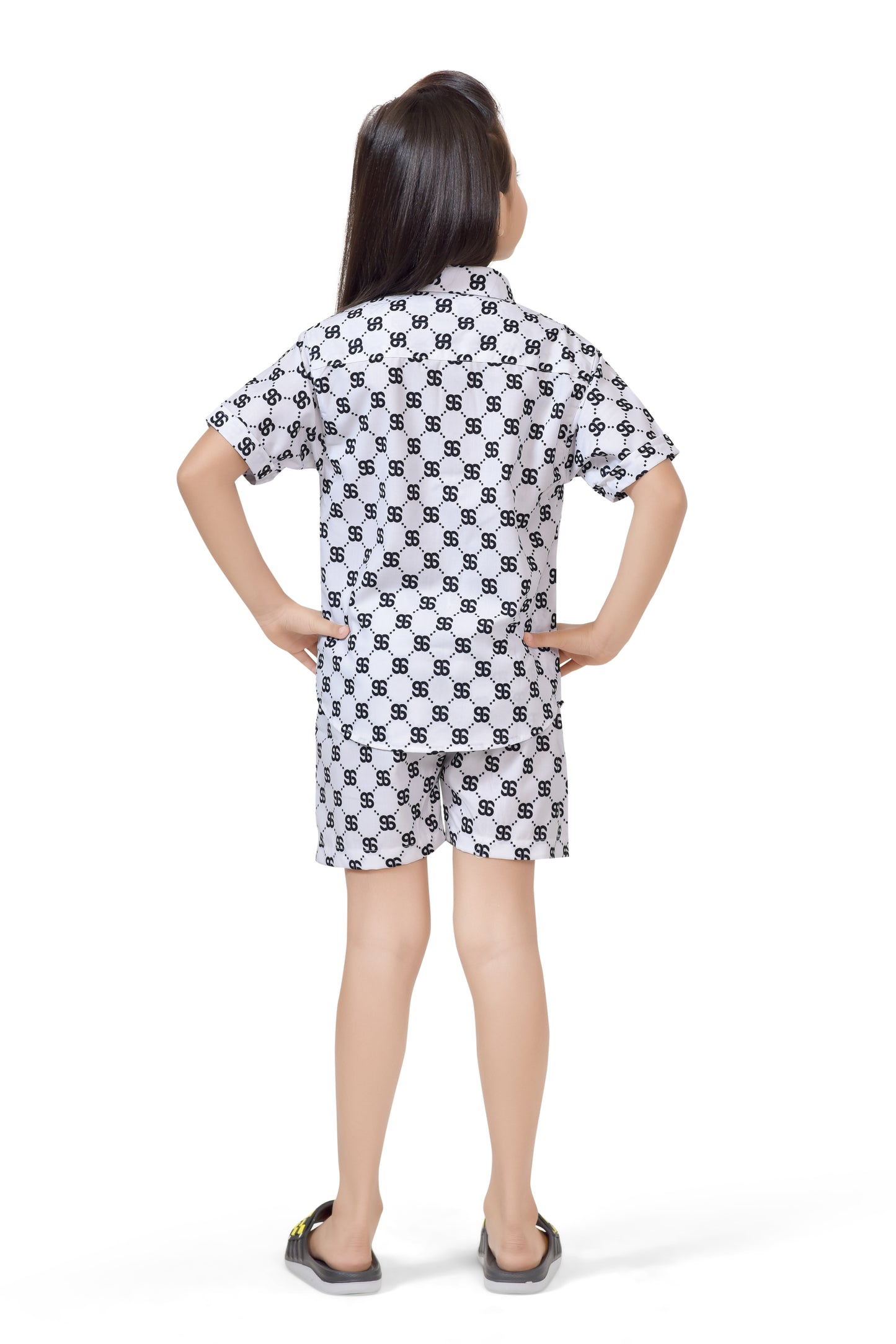 White Text Printed Girls Summer Cotton Co-Ord Set - Back