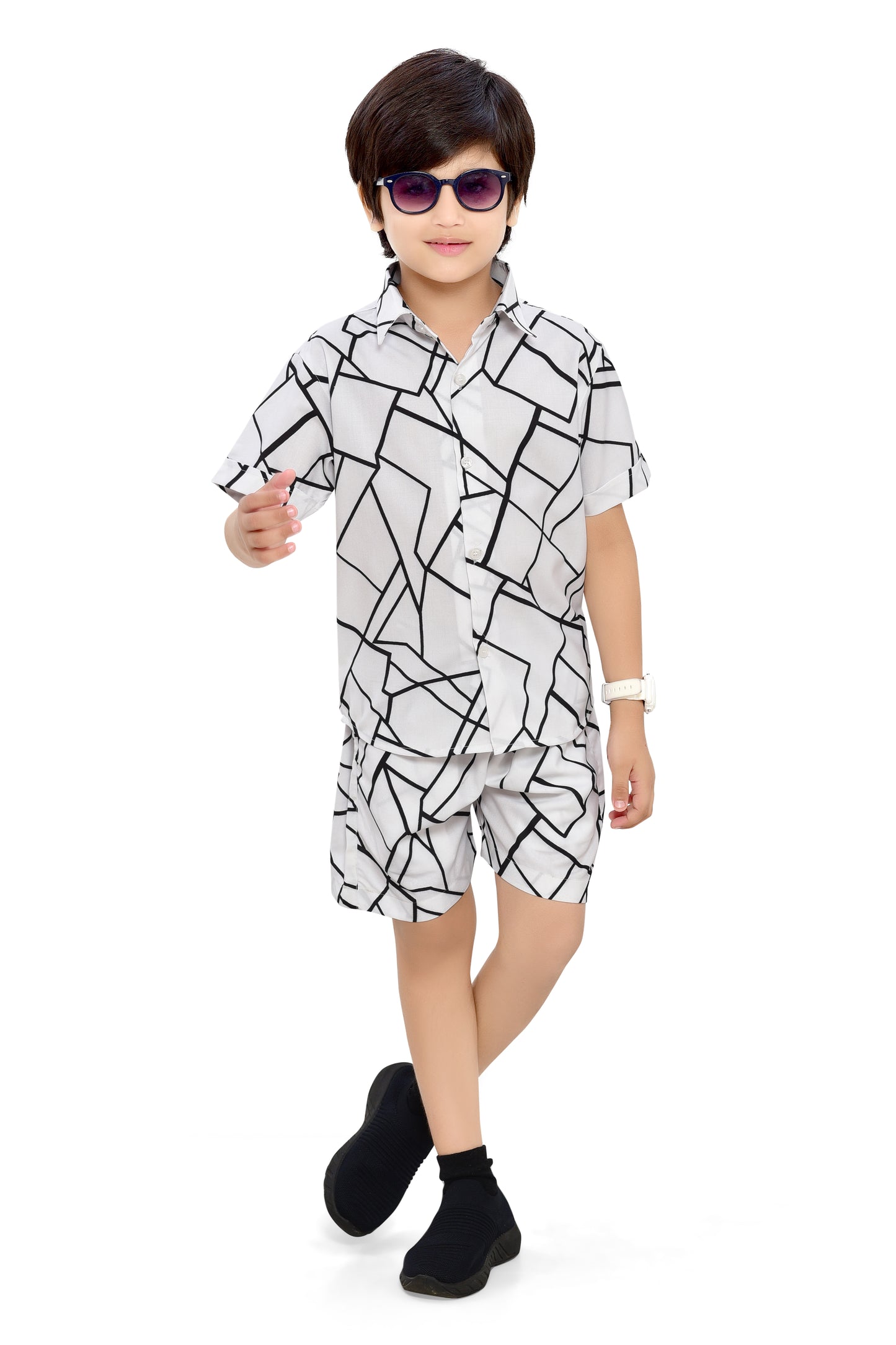 White Unique Checks Printed Cotton Boys Co-Ord Set - Club96