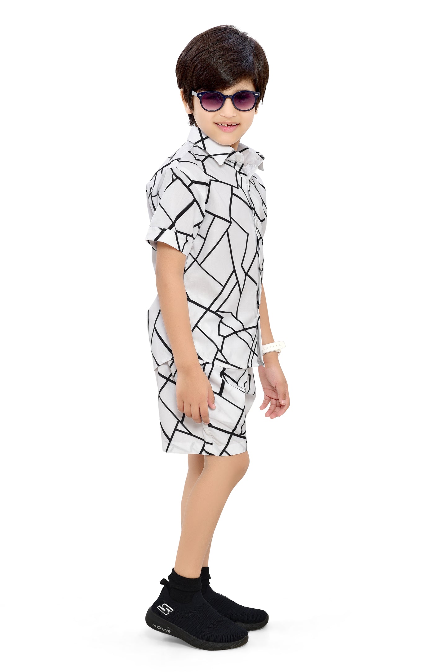 White Unique Checks Printed Cotton Boys Co-Ord Set - Front