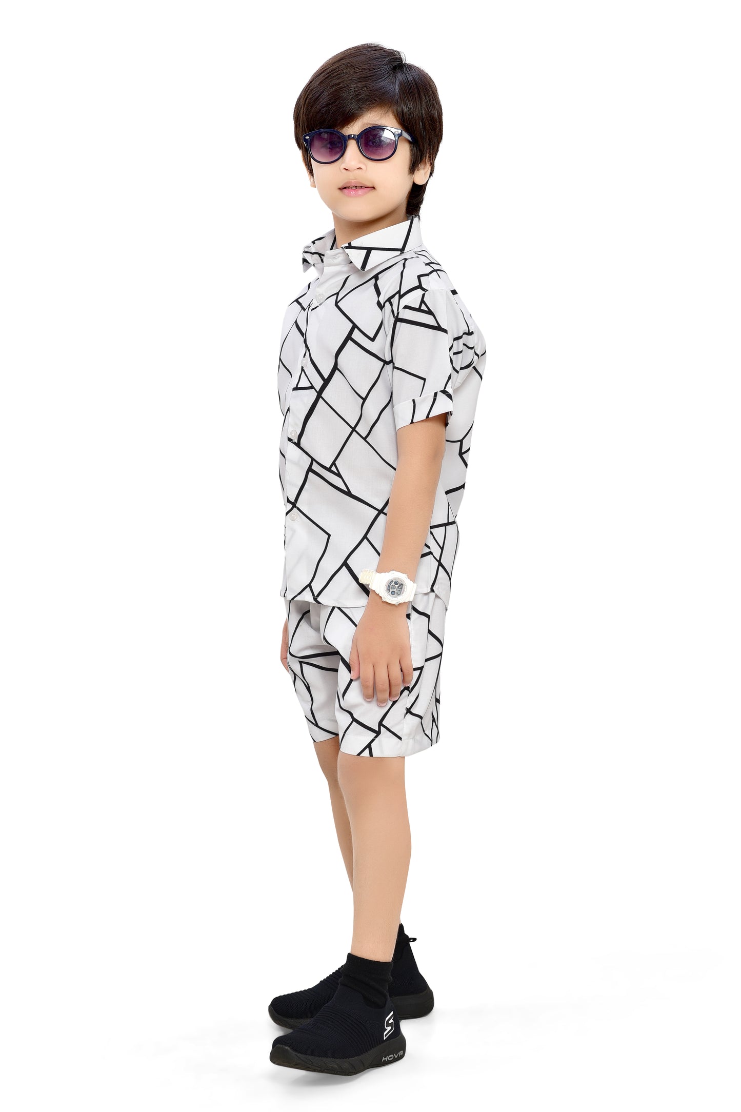 White Unique Checks Printed Cotton Boys Co-Ord Set - Stylist