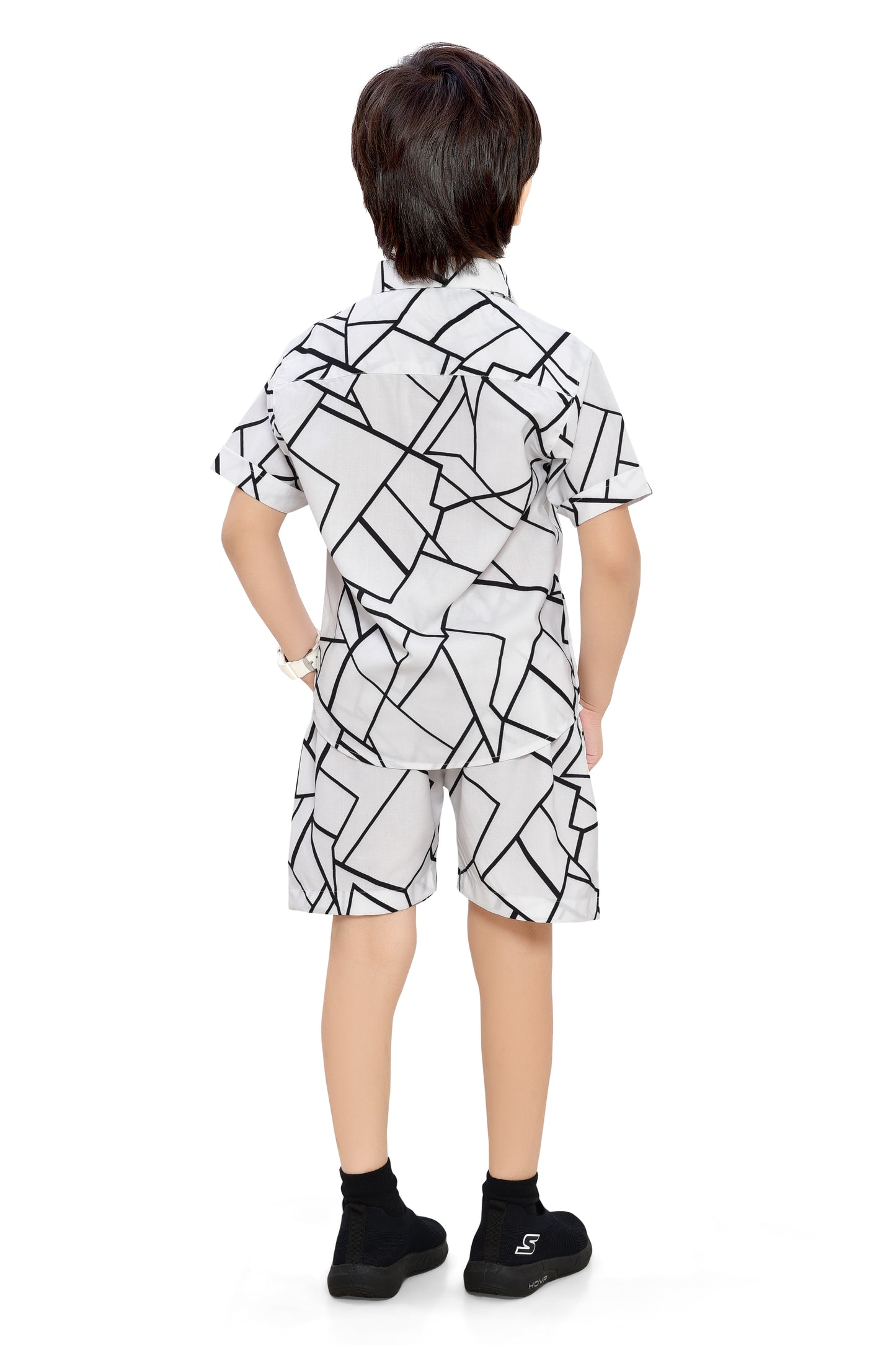 White Unique Checks Printed Cotton Boys Co-Ord Set - Back