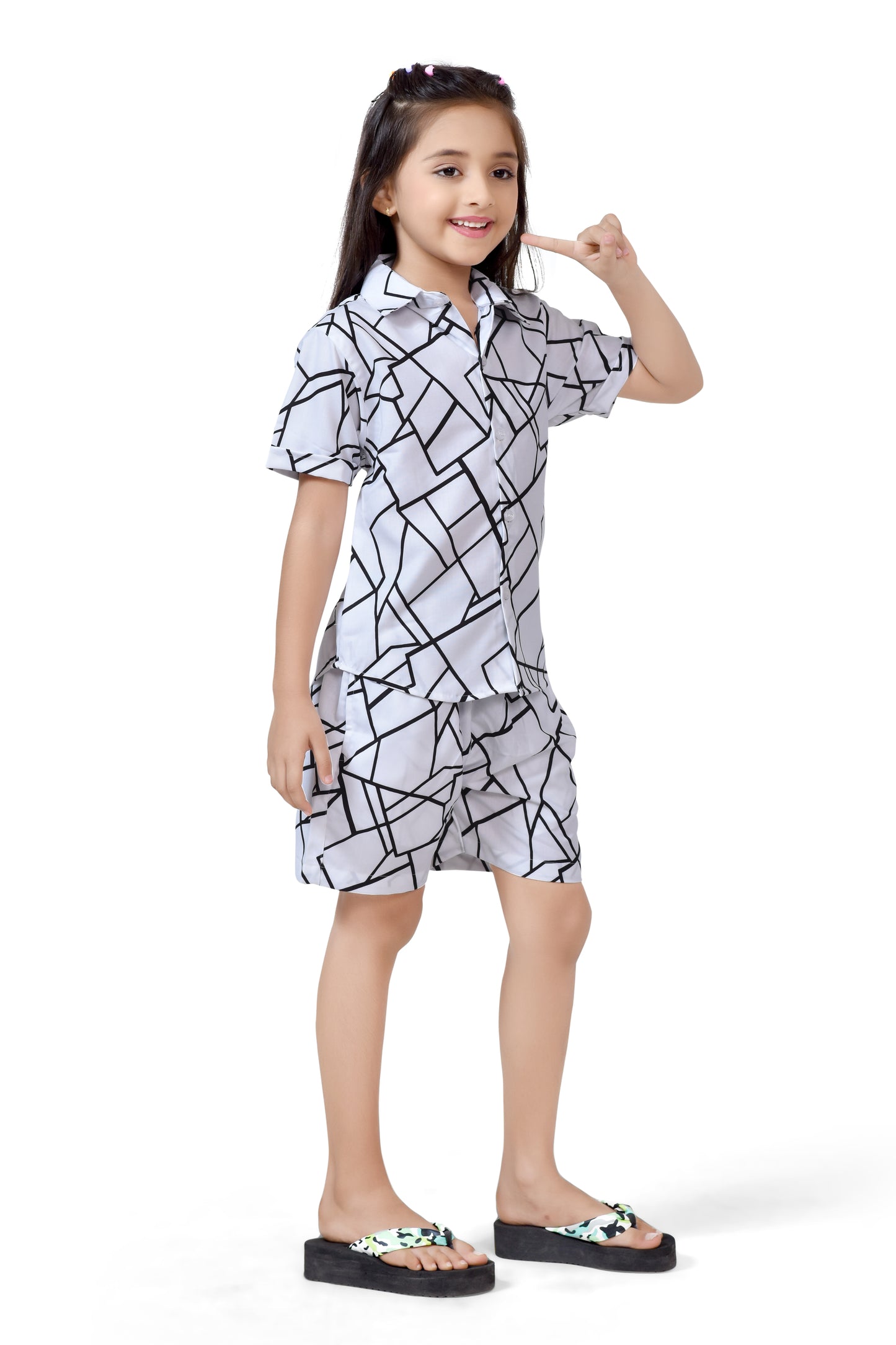 White Unique Checks Printed Cotton Co-Ord Set for Girls - Stylist