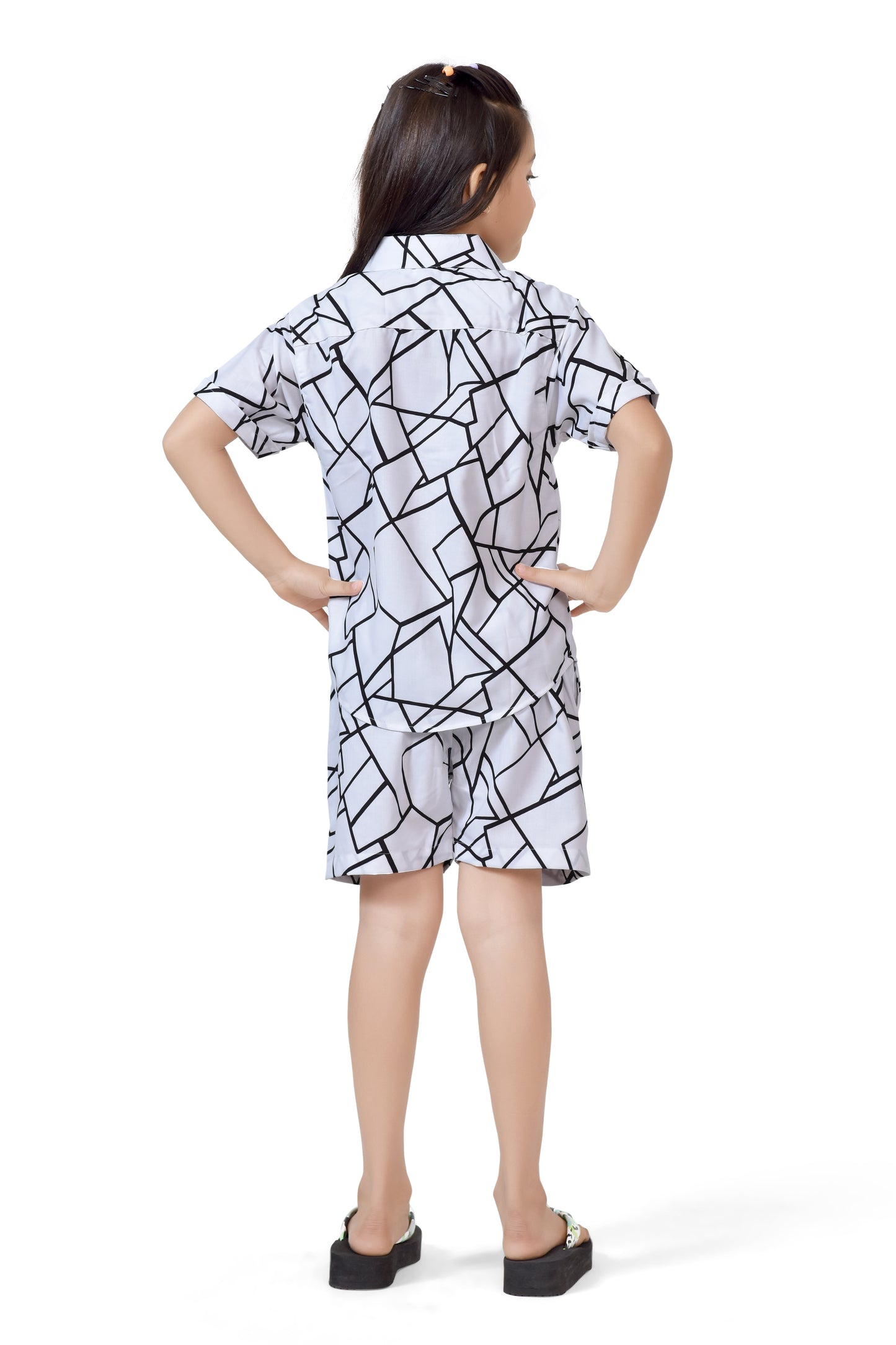 White Unique Checks Printed Cotton Co-Ord Set for Girls - Back