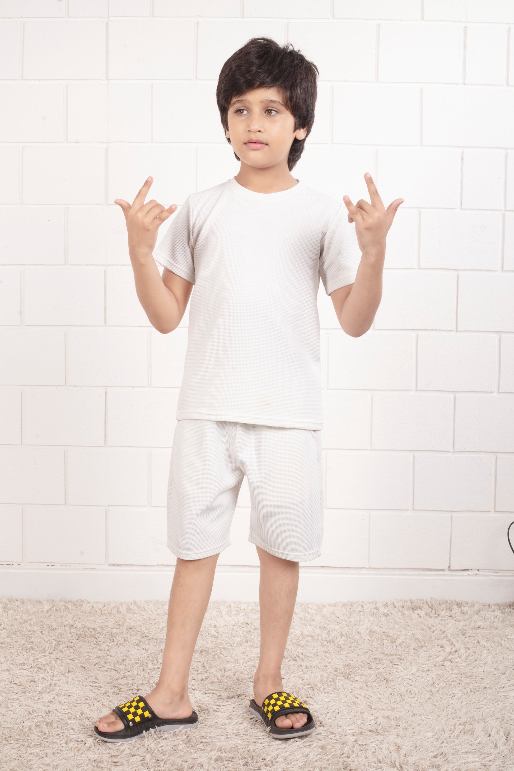 White_color_Pure_cotton_waffle_shorts_co_ord_set - FrontView
