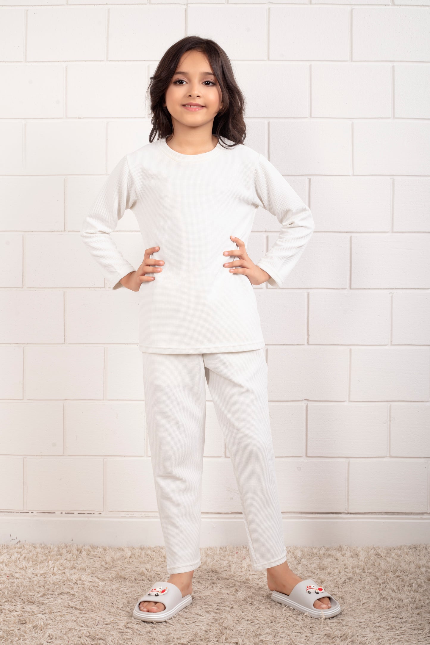 White_cotton_waffle_cute_girls_pajama_sets - FrontView