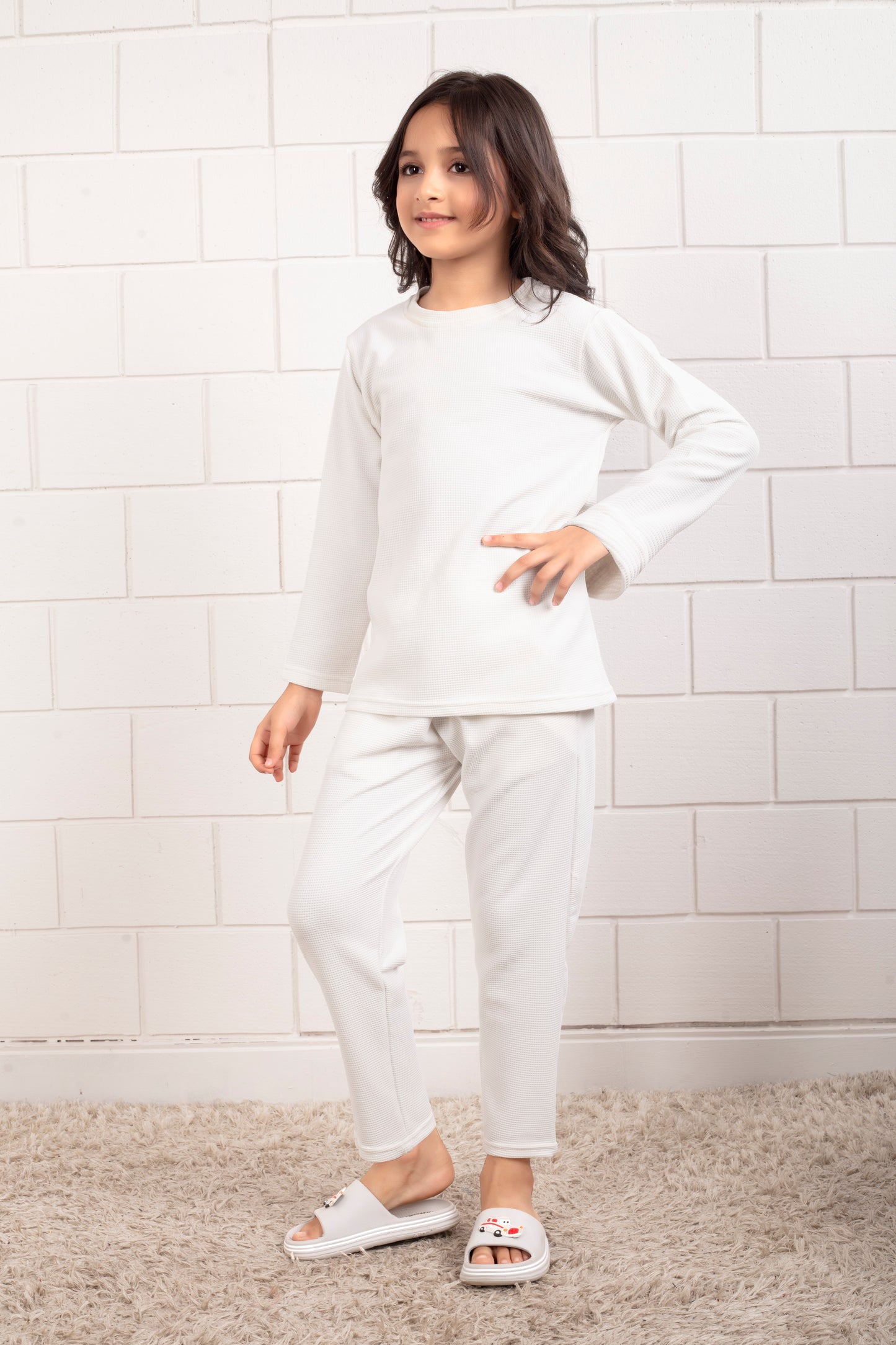 White_cotton_waffle_cute_girls_pajama_sets - Front View