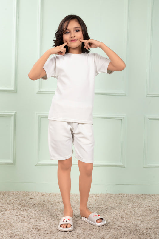 White_cotton_waffle_cute_girls_shorts_co_ord_set - FrontView