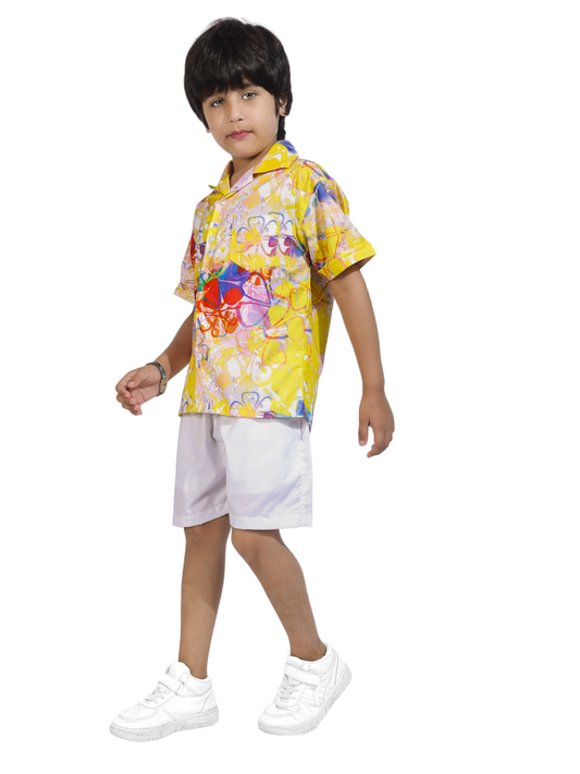 Yellow Abstract Floral Printed Cotton Shirt with White Shorts - Front