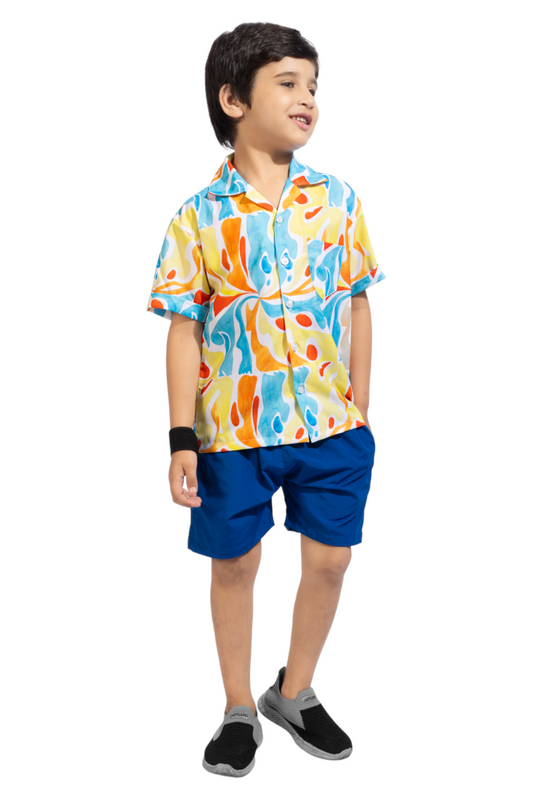 Yellow Colour Block Digital Printed Cotton Shirt with Blue Shorts - Front