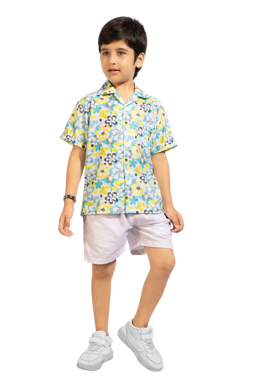 Yellow Digital Floral Printed Cotton Shirt with White Shorts - Stylisy Shirt