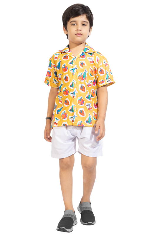 Yellow Fruits Printed Cotton Shirt with White Shorts - Front