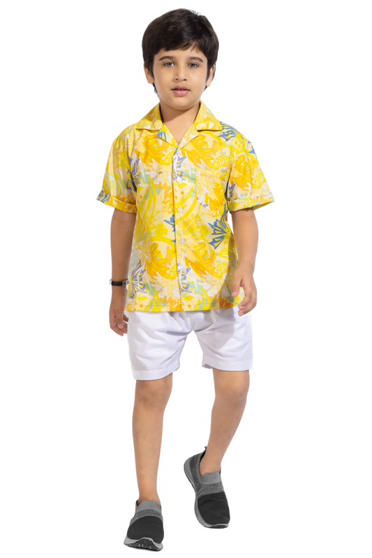 Yellow Splash Digital Printed Cotton Shirt with White Shorts - Front
