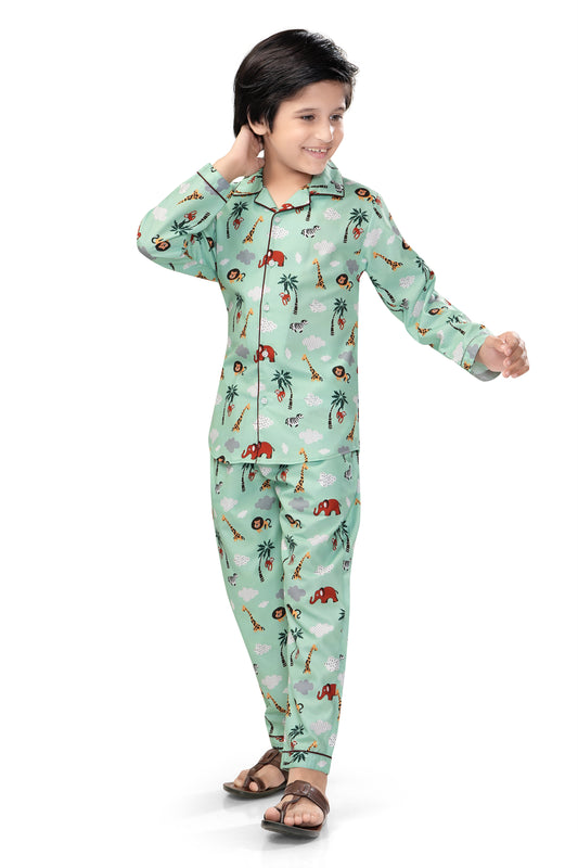 Zoo-Animals-Cotton-Mint-Green-Night -suit Set-Frontview