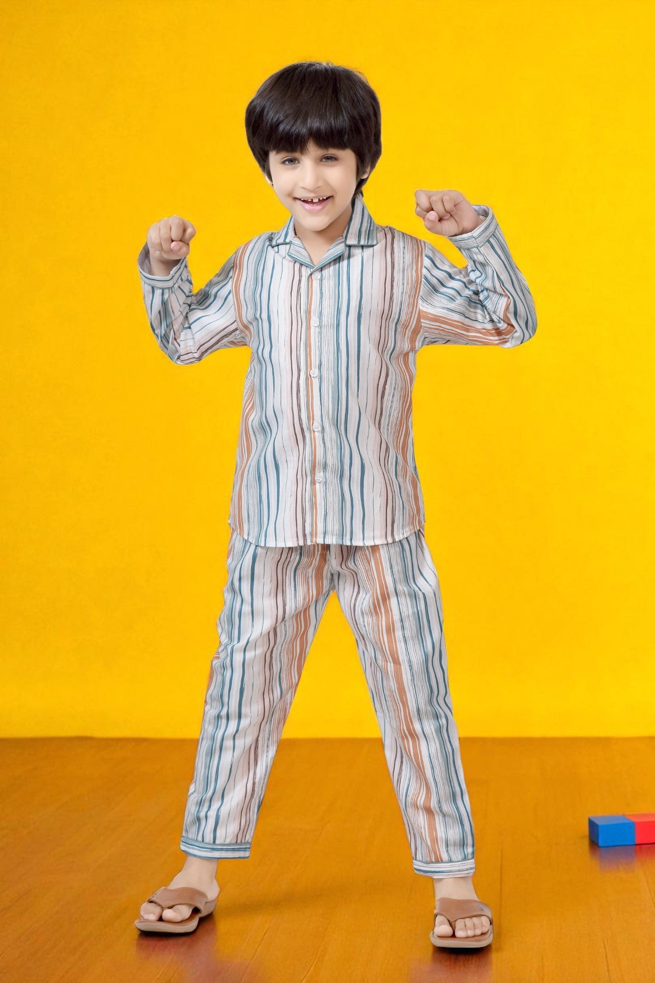 Buy Orange and Blue Striped Kids Boys Long Night Suit Online