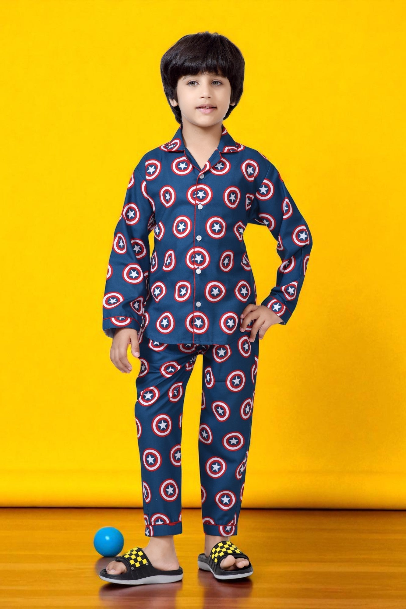 Buy Blue Captain America Shield Printed Boys Night Suit Online - FrontView