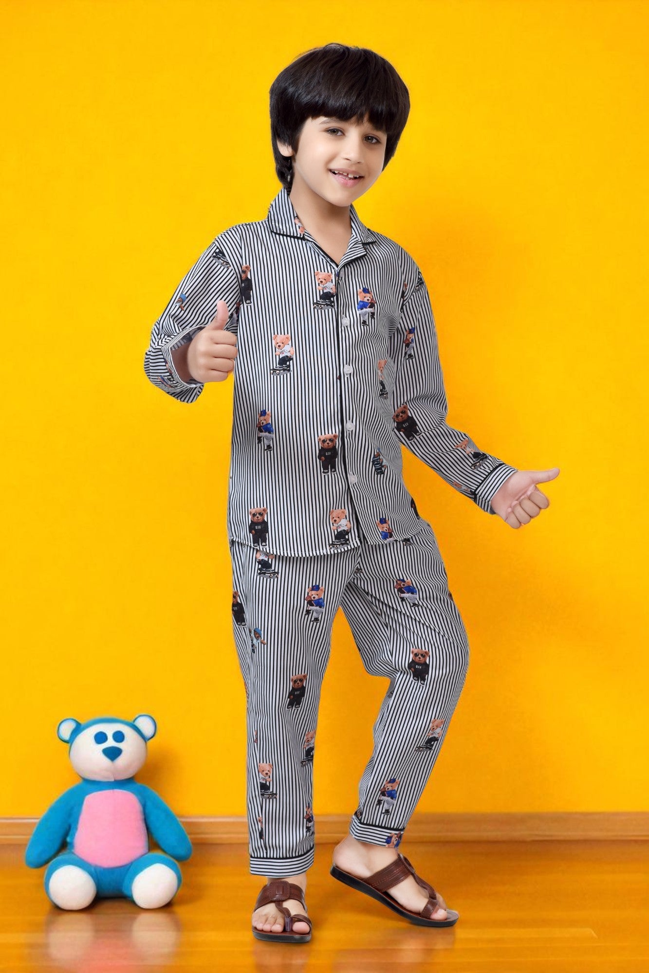 Buy Black and White Teddy Bear Printed Striped Boys Nightsuit Online - FrontView
