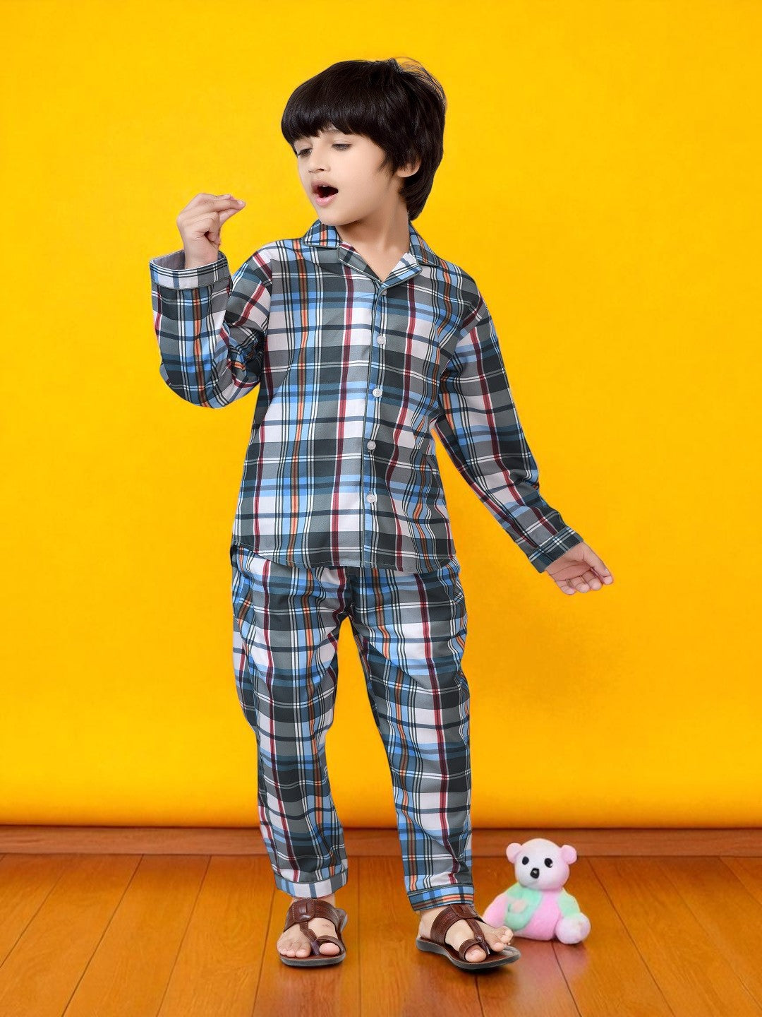 Stylish Blue and Grey Checks Printed Boys Night Dress